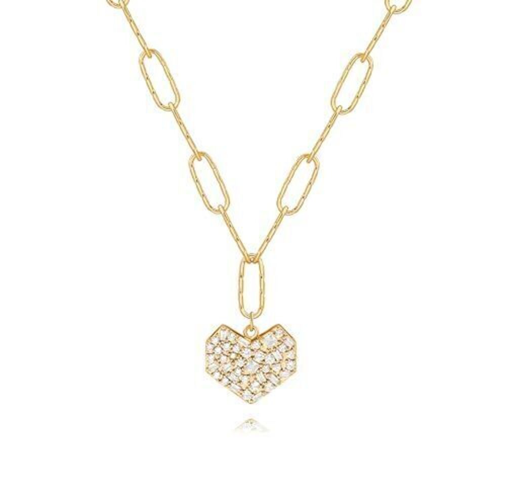 8409 Statement Diamond Heart Necklace, Chunky 18k Gold Plated Paperclip
